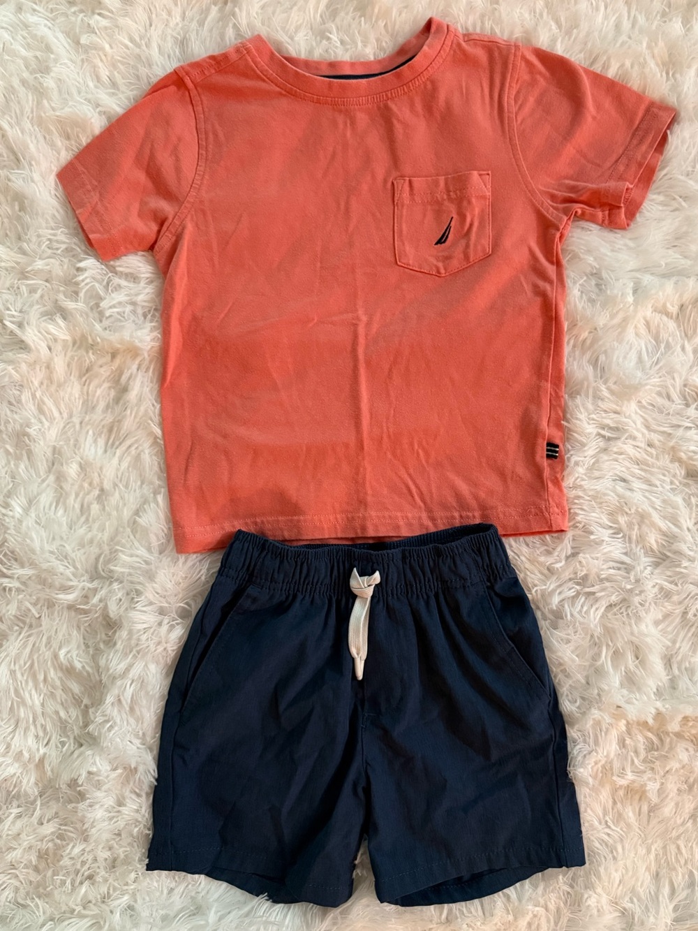 Coral Pocket Tee with Navy Shorts